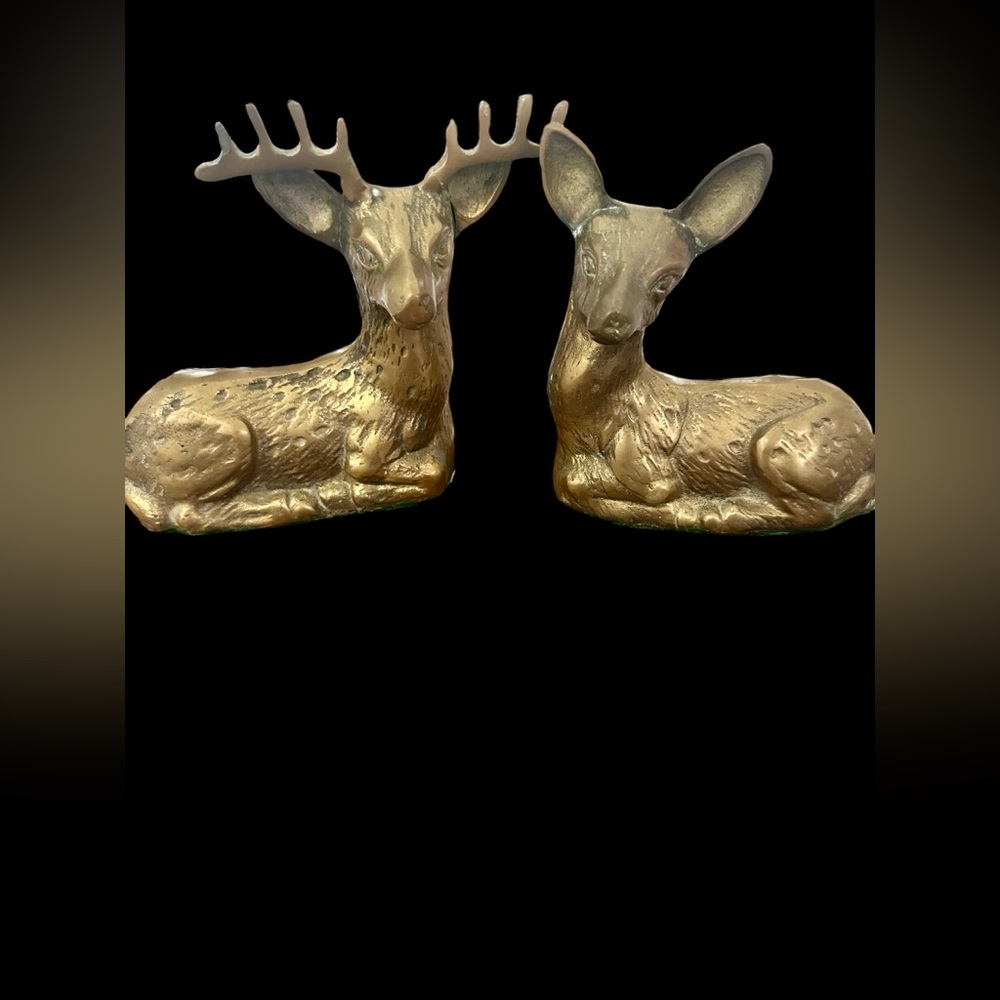 Vintage Pair Of Brass Deer Buck And Doe Laying Down Figurine Hollow MantlePieces
